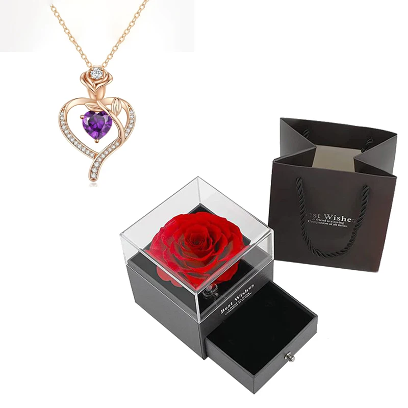 Heart Necklace Purple Zircon Pendant Romantic With Rose Flower Gift Box Fashion Luxury Jewelry 2024 New Birthday Wedding Party