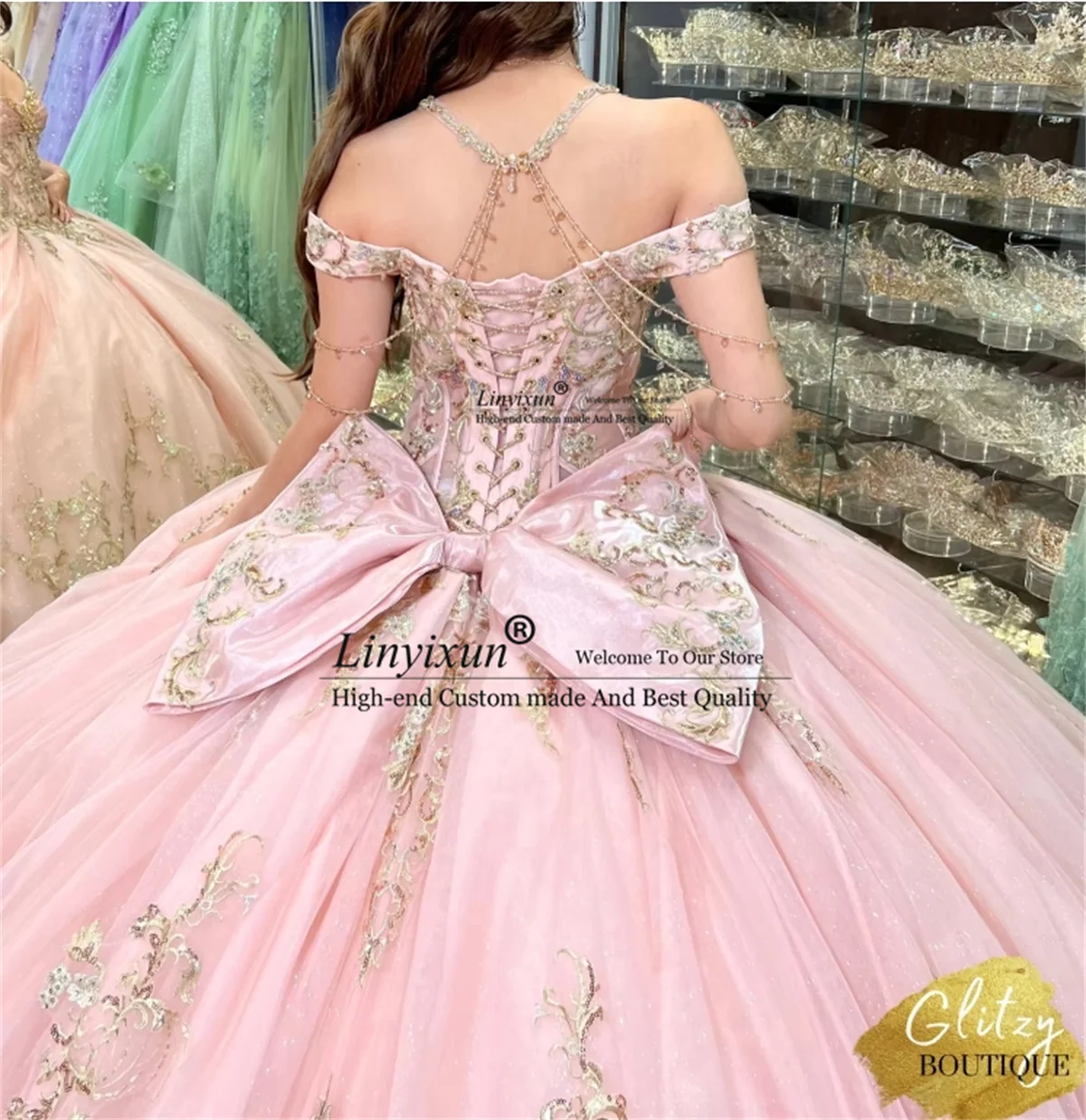 Personalizado rosa quinceanera vestido de baile ouro renda applique miçangas espartilho mexicano doce 16 aniversário vestido de 15 anos