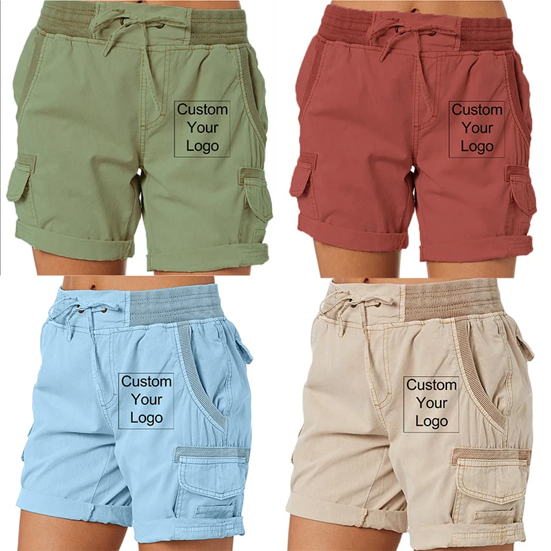

Women Logo Customized Shorts Elastic Cotton Linen Pocket Shorts Summer Beach Solid Color Sliming Comfot Breathable