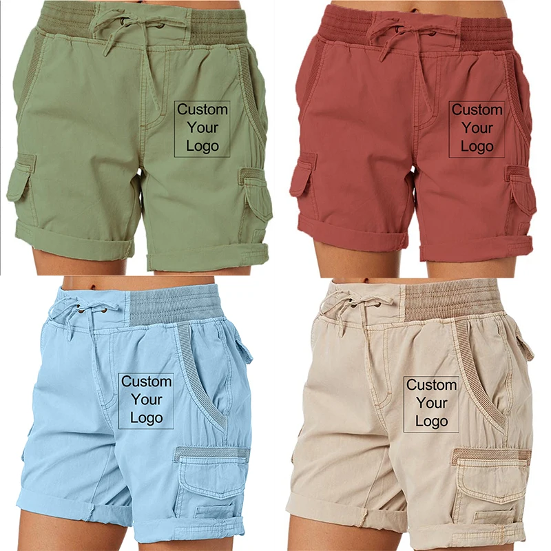 Women Logo Customized Shorts Elastic Cotton Linen Pocket Shorts Summer Beach Solid Color Sliming Comfot Breathable