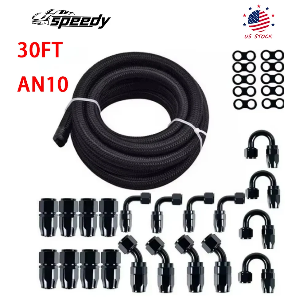 30FT AN10 CPE خط الوقود النايلون المضفر طقم أسود تركيبات نهاية خرطوم الوقود