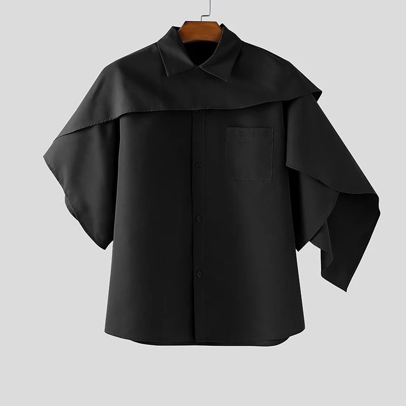 

INCERUN Men Irregular Shirt Solid Color Lapel Short Sleeve Cape Shirts Men Streetwear 2025 Loose Fashion Men Clothing Tops S-5XL
