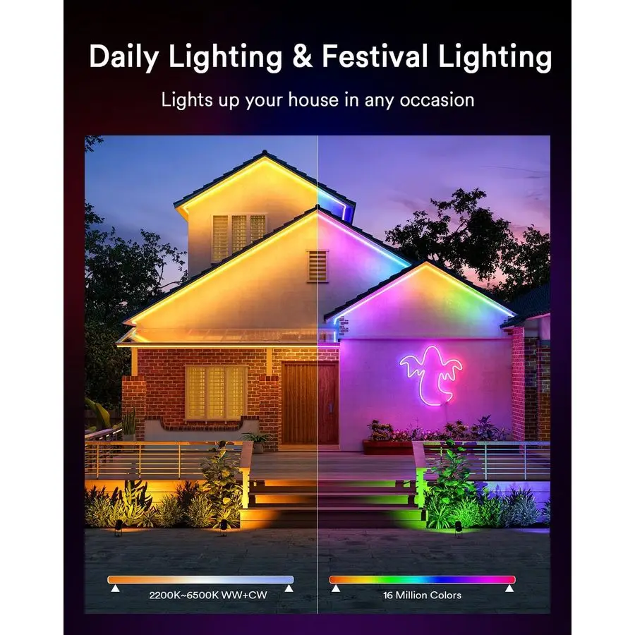 스마트 네온 로프 라이트, 실외용, RGBAICW 유연한 색상 변경 로프 라이트, 방수 IP65, 할로윈용, DIY 장면 모드, RGB