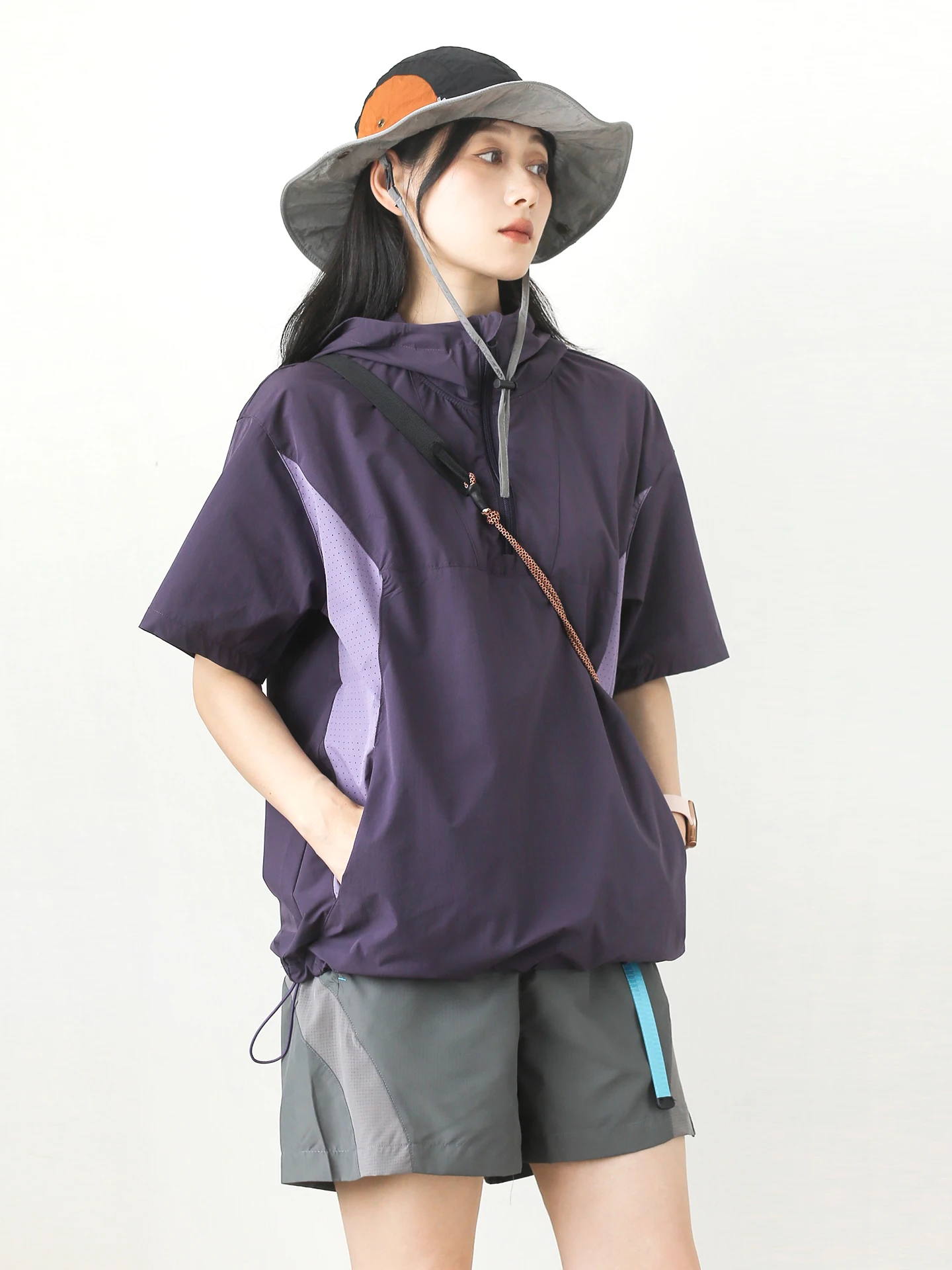 Mandu Outdoor Functional Windproof Hooded Short Sleeve Women's Loose Breathable Quick Dry Moisture Wicking Top Jacket