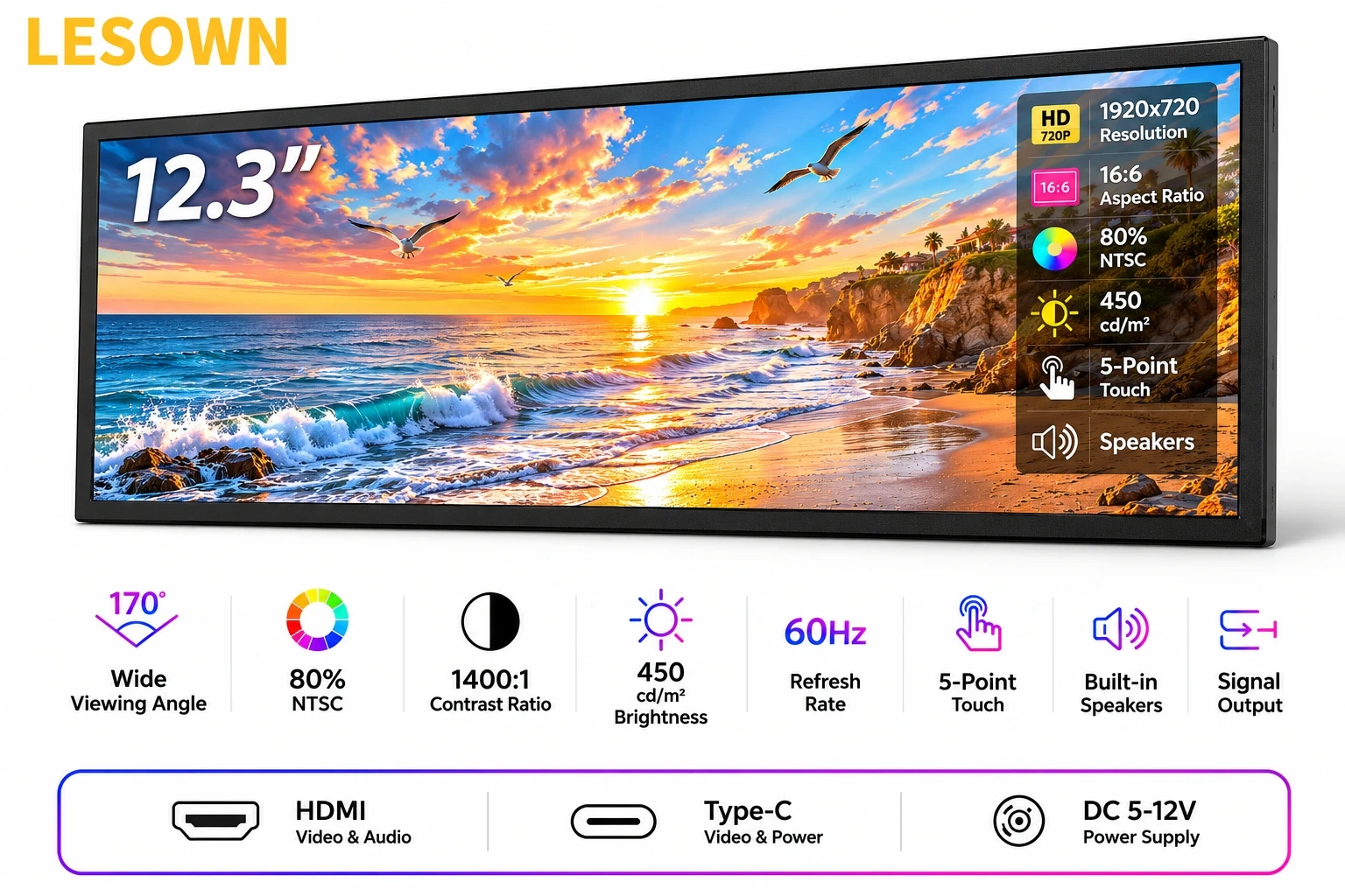 LESOWN 12.3" IPS Portable Gaming Display 1920x720 Resolution Driver-free Touch Monitor for Steam Deck