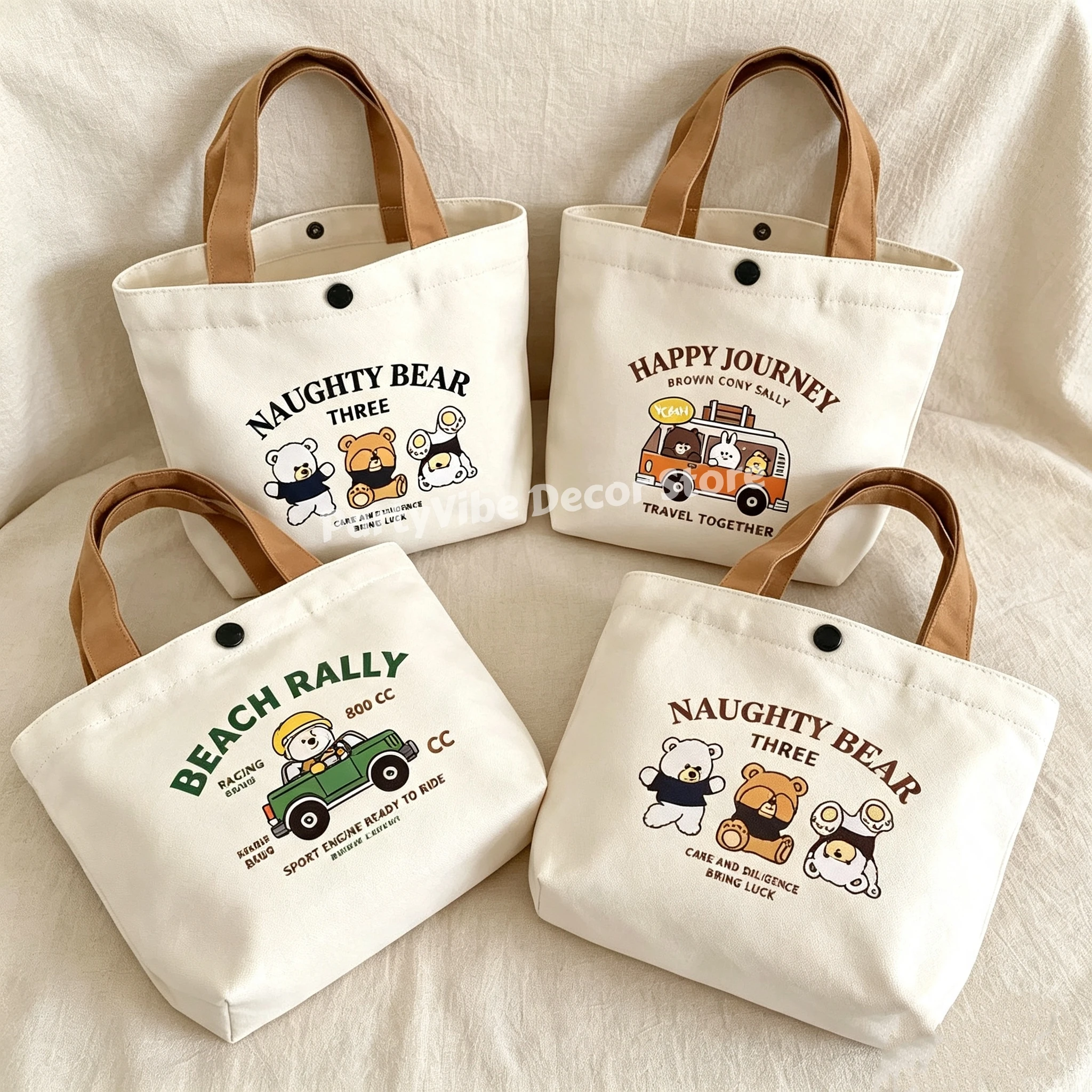 Cute Bear Canvas Bag Versatile Handbag Student Tote Bag Shopping Bag Office Worker Lunch Bag Bento Bag Ideal Women's Gift Bag