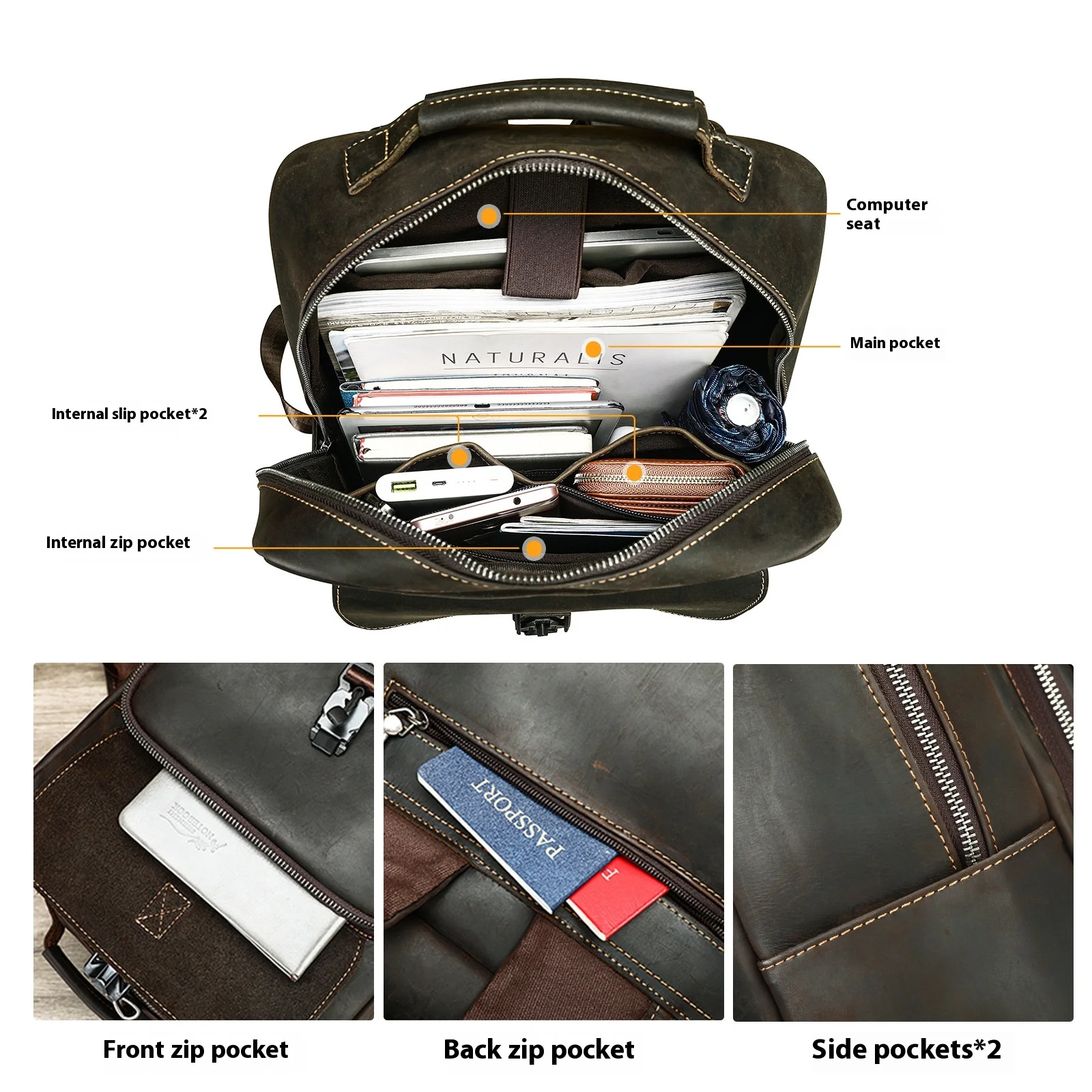 Business Casual Men's Leather Backpack Large Capacity Travel Bag