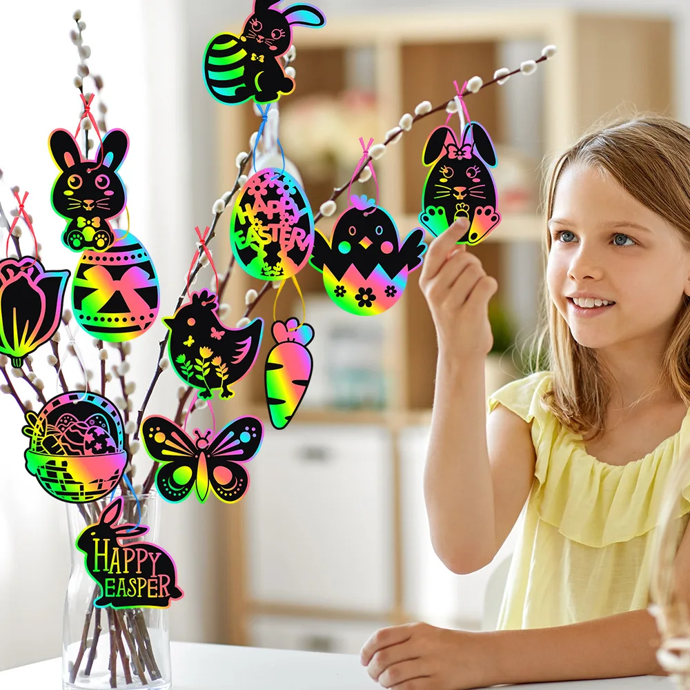 24pcs/set Easter Decoration Scratch Card Holiday DIY Color Scratch Painting Gift Label Easter Party Decorations Pendants