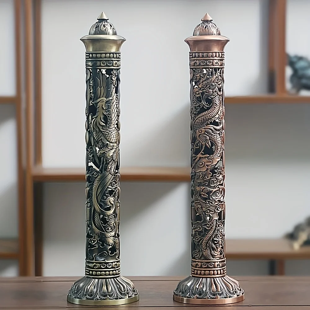 

Retro Vertical Incense Burner Buddha Heart Sutra Dragon Phoenix Pillar Metal Incense Stick Home Office Ceremony Decoration