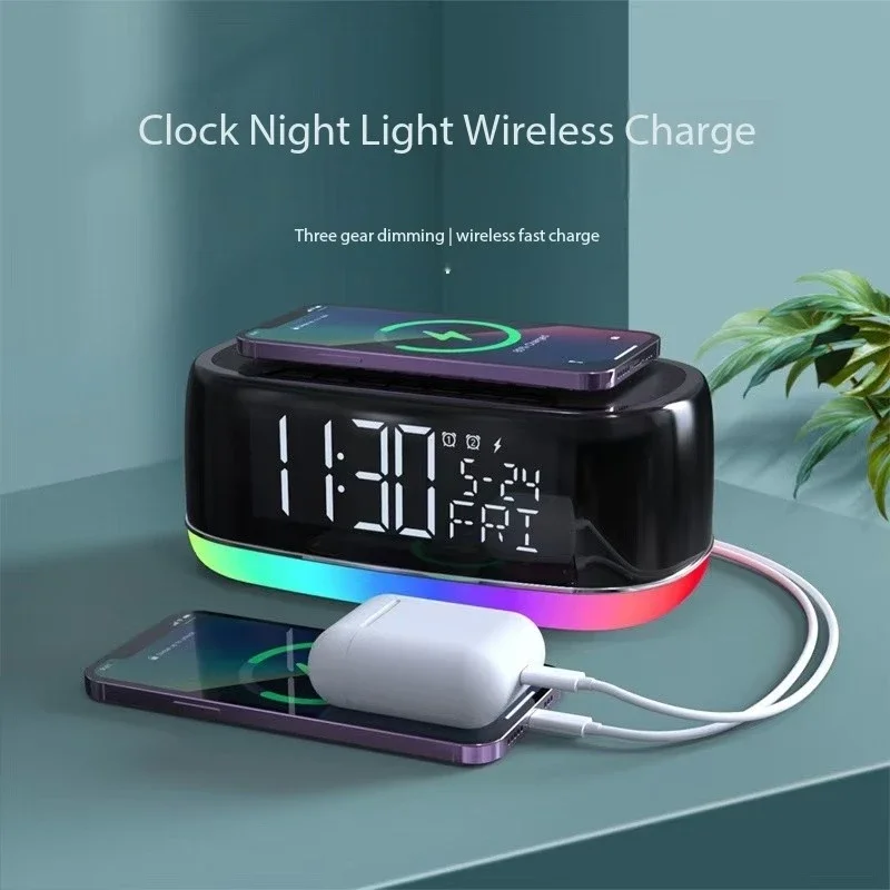 Super Bass 15W Wireless Charging Speaker with Alarm Clock Night Light Bluetooth Speaker High Quality Music Player Caixa De Som