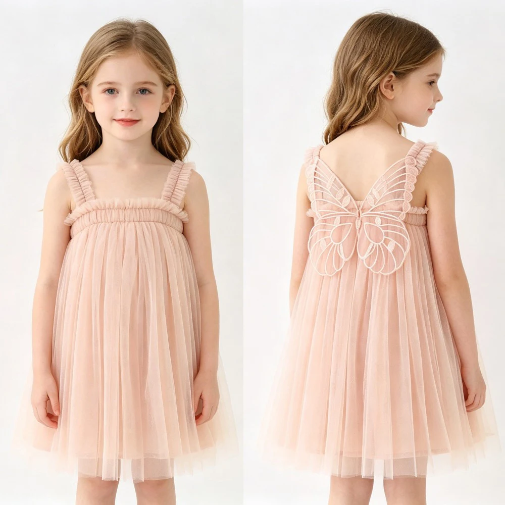 Toddler Girls Mesh Tulle Dress Summer 2 3 4 5 6 7 8 Years Baby Girl Sleeveless Dress Multi Color Back Butterfly Princess Dress