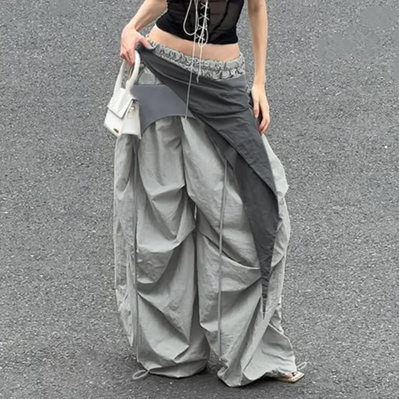 FDEY Vintage Bandage Mid-Waisted Wide Leg Pants Women 2025 Casual Loose Cargo Pants Autumn Spring Fashion Streetwear Ladies