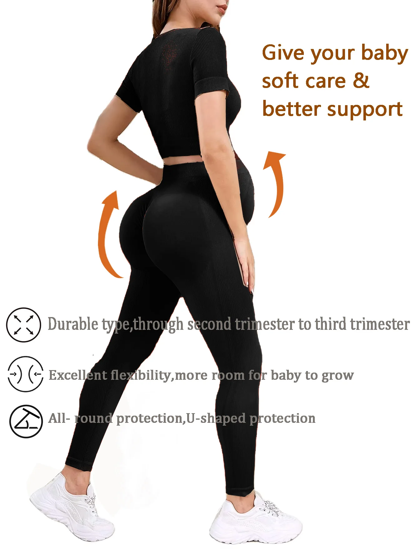 Ribbed Seamless Maternity 2 Piece Outfit Short Sleeve Crop Top High Waist Belly Support Leggings Pregnant Women Yoga Gym Workout