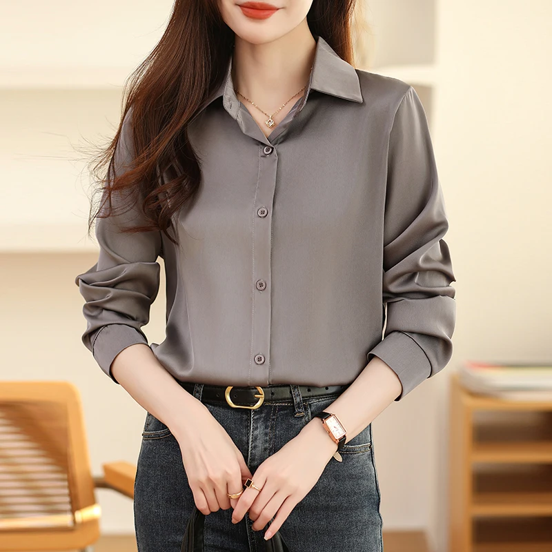 2024 New Non-ironing Anti-wrinkle Satin Shirt Women\'s Solid Color Long Sleeve Tops Blouse