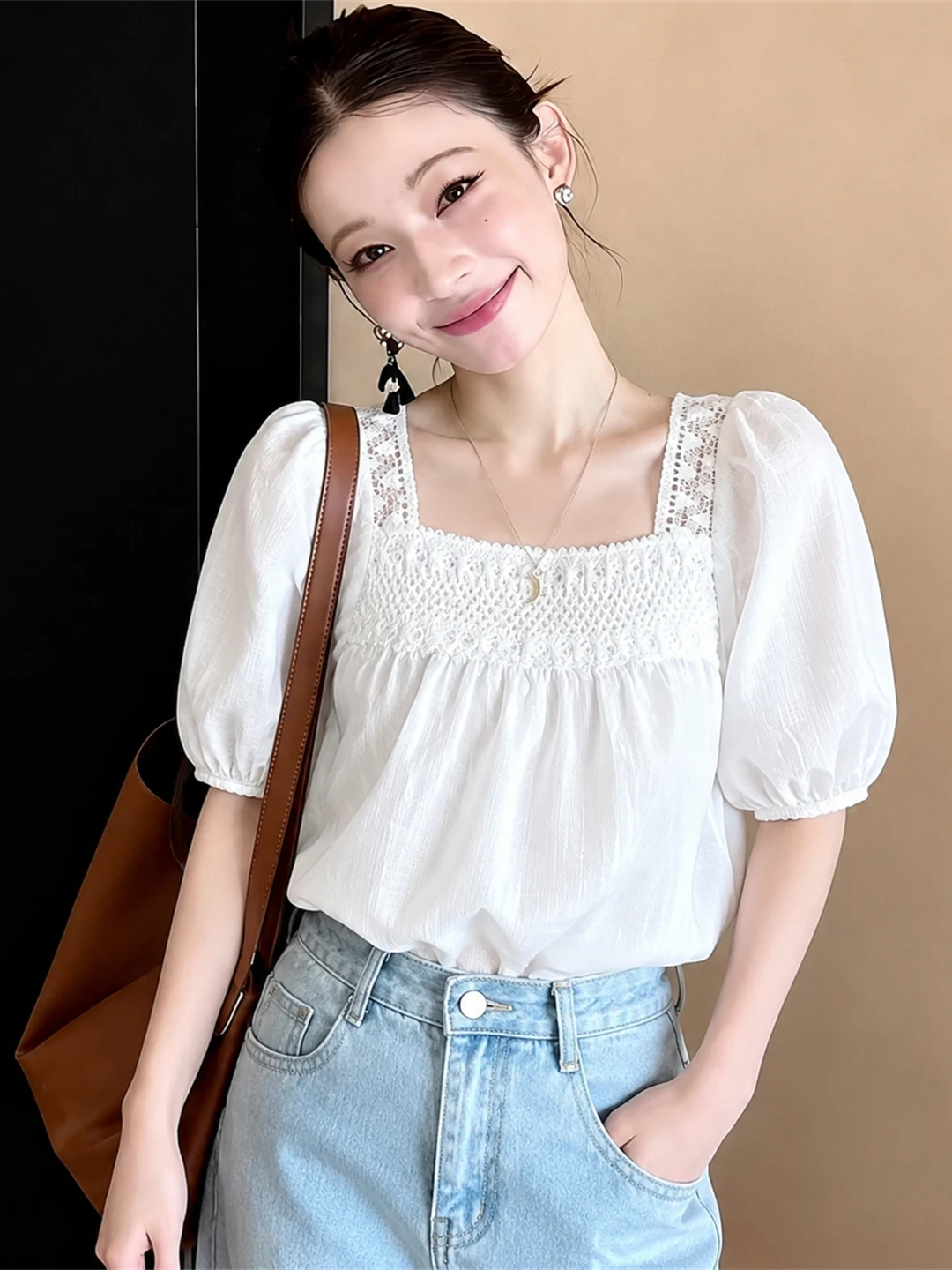 

Sweet Stylish Gentle Style Overhead Shirt Short Sleeve Square Collar Elegant Summer Fashion Women's Premium Feel Shirt
