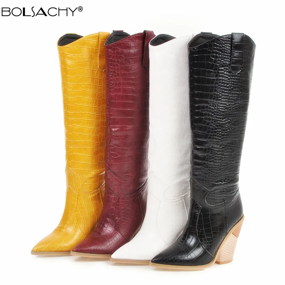 Fashion Knee High Boots Western Cowboy Boats for Women Long Winter Pointed Toe Cowgirl Wedges Motorcycle Booties Yellow Red