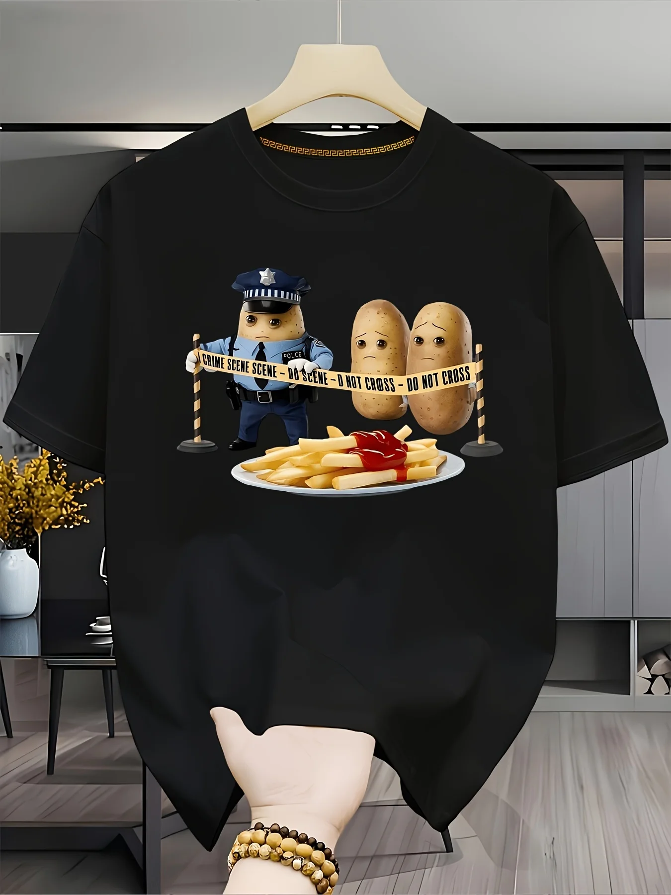 Men's casual everyday wear T-shirt, stylish round neck, featuring a three-dimensional potato pleat pattern, suitable for daily and outdoor wear, available in plus sizes