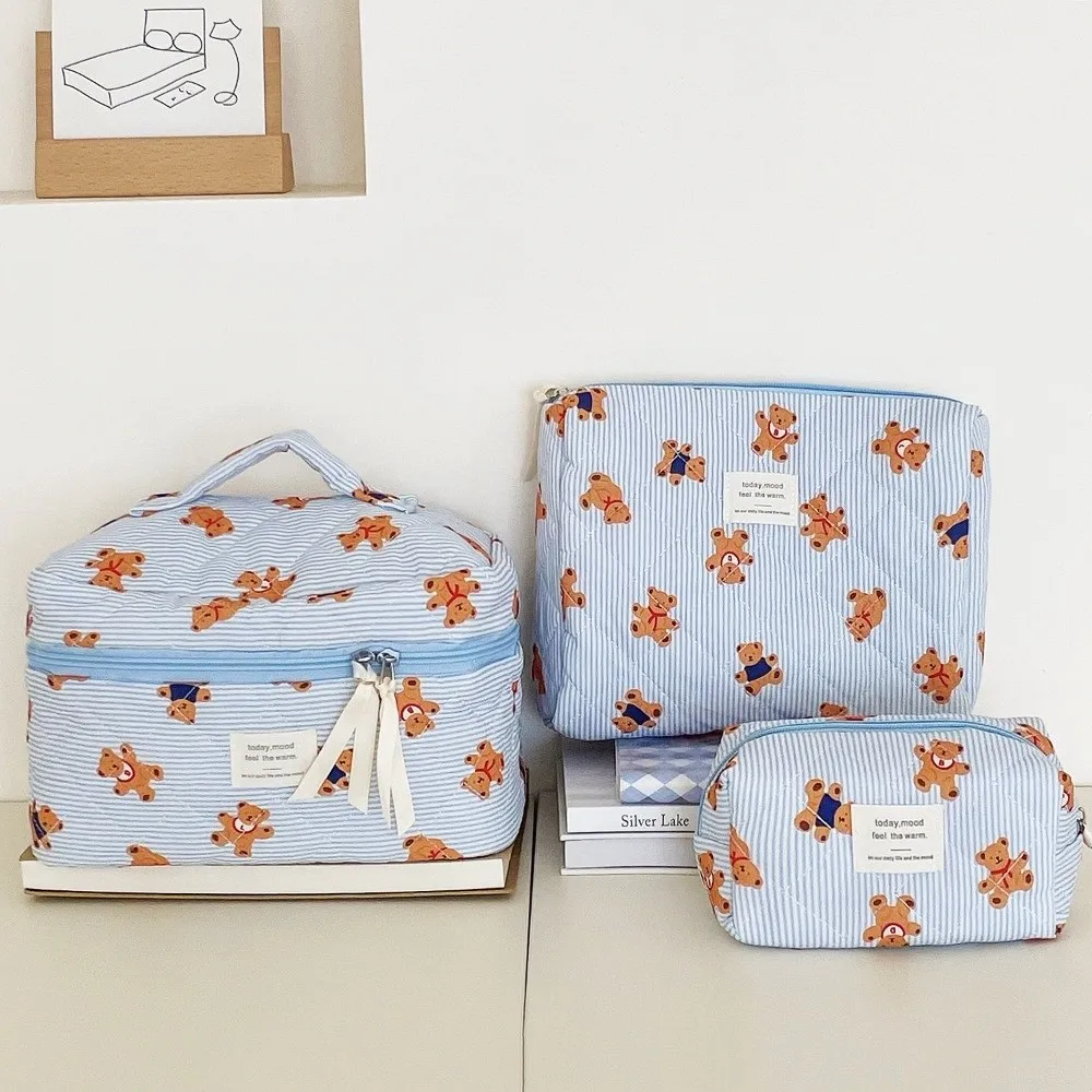 3PCS Multi-Layer Quilted Cotton Makeup Bag Large Capacity Portable Toiletry Pouch Zipper Soft Cartoon Cosmetic Organizer Travel