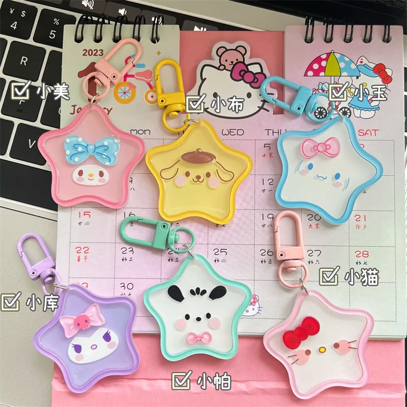 Sanrio Hello Kitty Kuromi Star Keychain Kawaii My Melody Cinnamoroll Keyring Toy Pochacco Pompom Purin Keychains Christmas Gifts