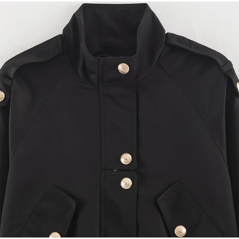 Damen-Oversize-Mäntel mit Kordelzug in der Taille, Stehkragen, Epauletten, Langen Ärmeln, Knopfleiste, Lose Jacken, Schicke Neue Oberbekleidung für Damen – Detail 3