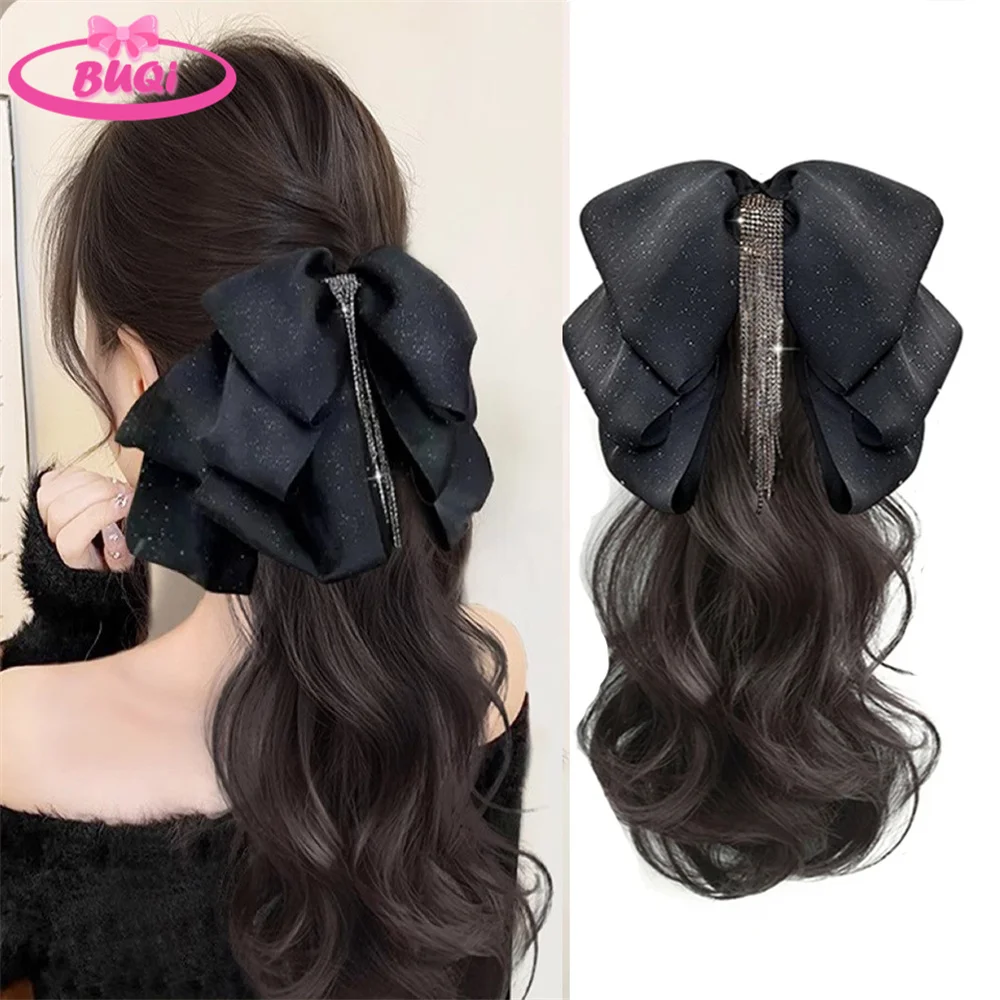 

BUQI Tassel Bow Claw Clip Ponytail Temperament Slightly Curly Hair Natural Heat-resistant Chemical Fiber Wig Hair Extesions