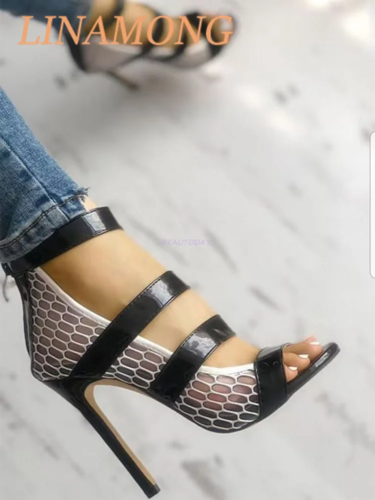 بو شبكة عالية الكعب المألوف متعدد حزام مشبك الربط وسحاب تصميم أبيض وأسود اللون مطابقة الصنادل الطرف #4