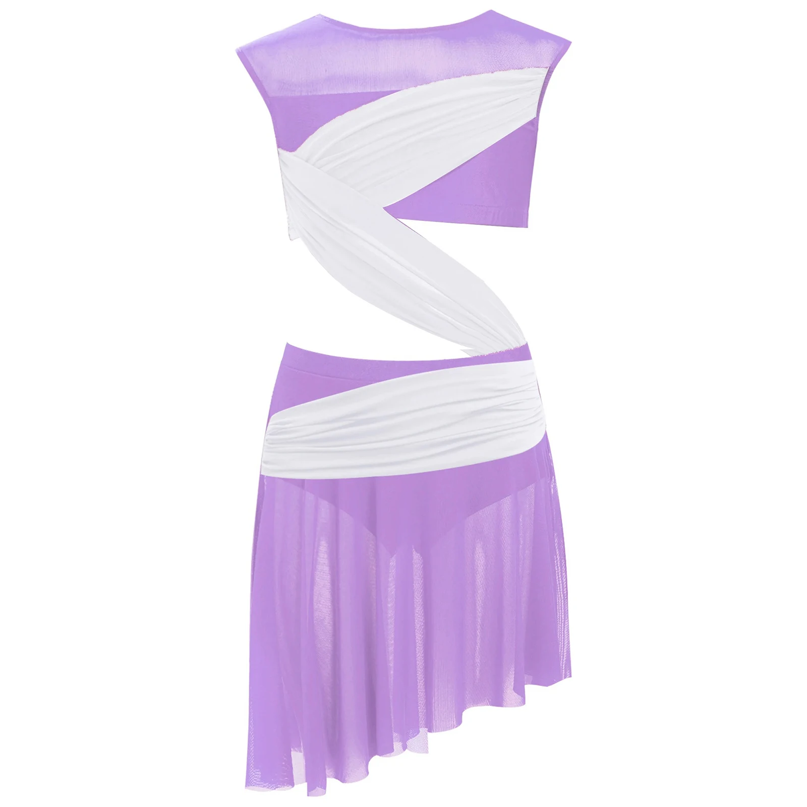 

Kids Girls Lyrical Dance Dress Sleeveless Sheer Mesh Patchwork Asymmetrical Hem Leotard Dresses Modern Ballet Dance Performance