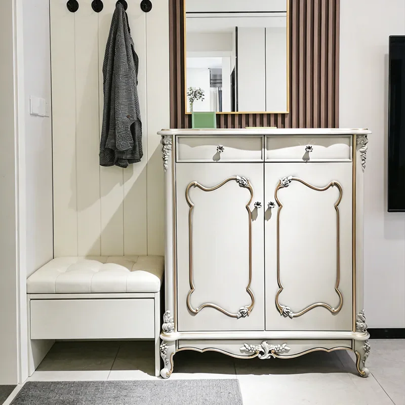 OGMFrench Solid Wood Carving Flower Two Doors Two Buckets Shoe Cabinet Large Capacity Locker