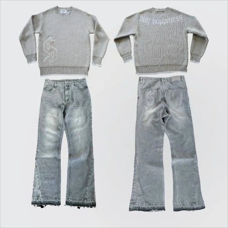 

2 pcs Set Y2K Autumn Winter Retro Knitted Sweater Jeans Suit Trendy Hip Hop Dollar Logo Embroidery Streetwear Unisex Baggy Set