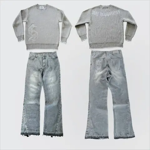 2 pcs Set Y2K Autumn Winter Retro Knitted Sweater Jeans Suit Trendy Hip Hop Dollar Logo Embroidery Streetwear Unisex Baggy Set