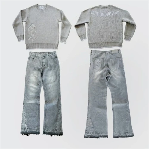 Imagen 1 del producto Conjunto de 2 uds Y2K Otoño Invierno Retro suéter de punto Jeans traje de moda Hip Hop dólar Logo bordado ropa de calle conjunto holgado Unisex