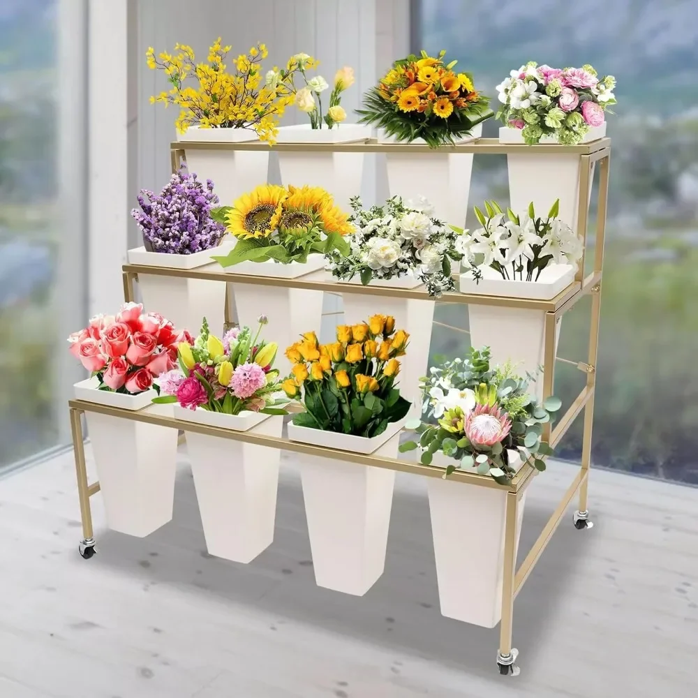 3 Tier Metal Removable Flower Display Stand with 12 Buckets - Gold Shelf & White Square Buckets for Bouquet Showcases