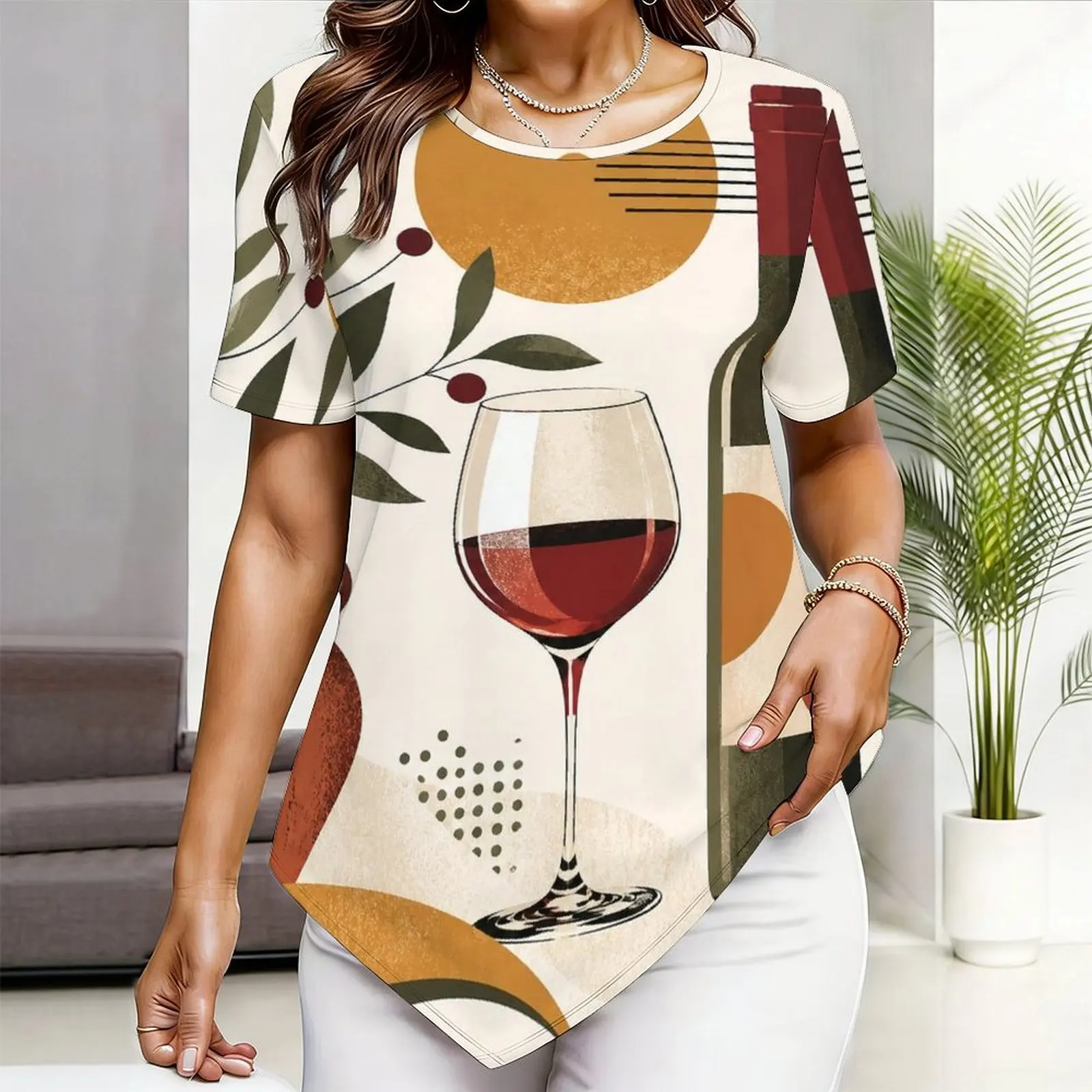 Women Top with Print Round Neck Short Sleeve Pointed Hem