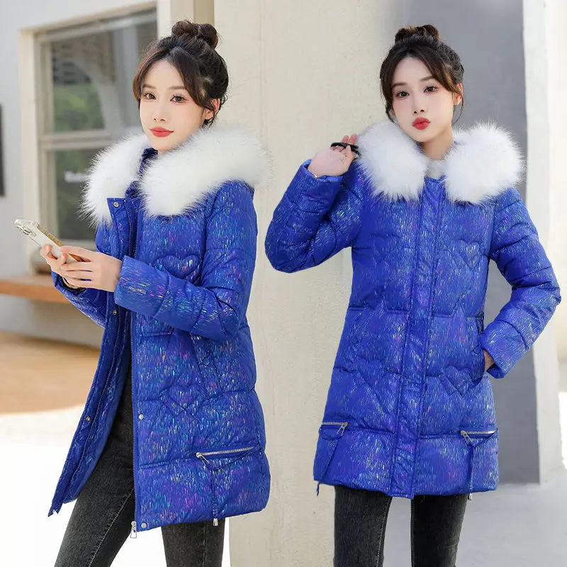 Winter Down Cotton Jacket for Women Medium Length Hooded Fake Fur Collar Padded Coats Korean Style Slim Outerwear Parka 2024