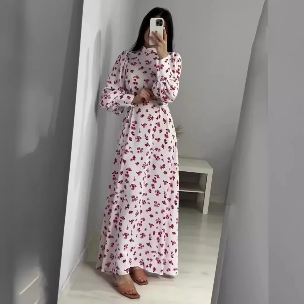 2024 New Women Spring Vintage Slim Long Floral Pleated Dress Round Collar Full Sleeve Midi A-line Dresses Work Office Dress
