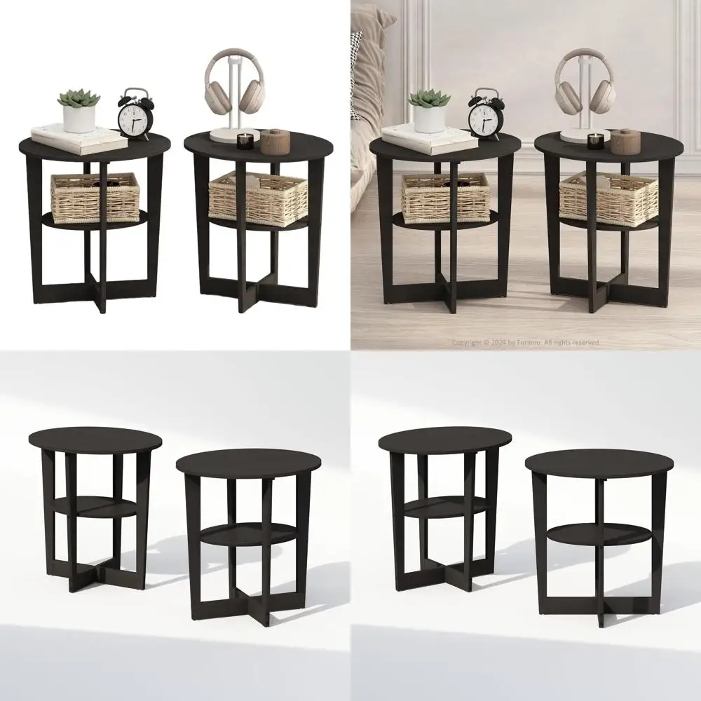 

Комплект из 2-х овальных прикроватных тумбочек, отделка под орех, современные прикроватные столики с закругленными краями и открытыми полками для дома