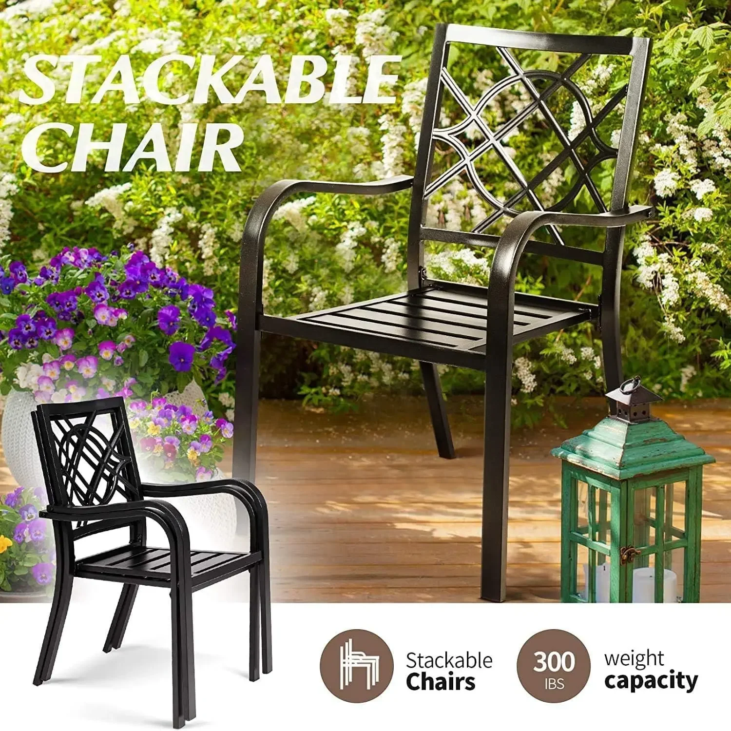 4 Stackable Metal Chairs and Square Outdoor Dining Table with 1.57 inch Umbrella Hole (Metal Tabletop), Black