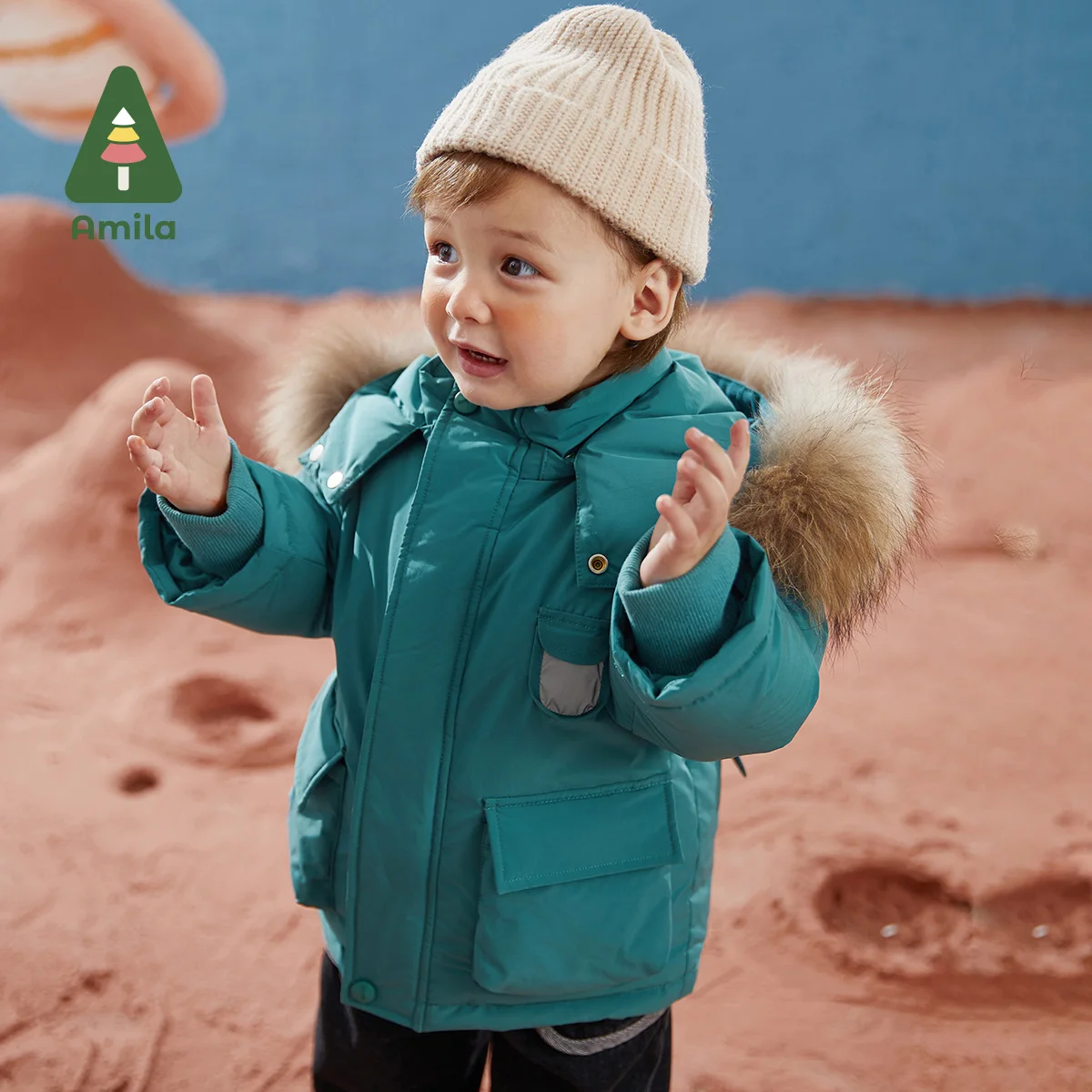 Amila Baby Boy 2024 Winter New Fashion Solid Color Fur Collar Hooded Pike Down Jacket Kids\' Warmth Thickening Top