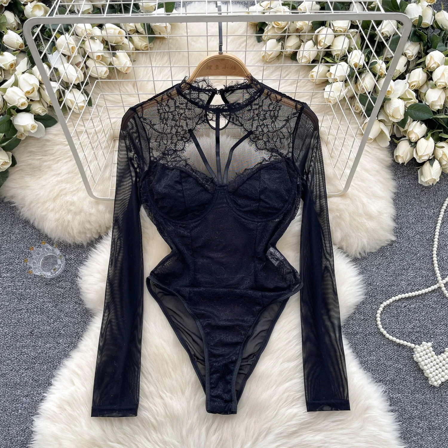 

Сексуальный комбинезон с вырезом в сетку, женский комбинезон с круглым вырезом и длинными рукавами, облегающий комбинезон-футляр, европейское прозрачное кружевное боди