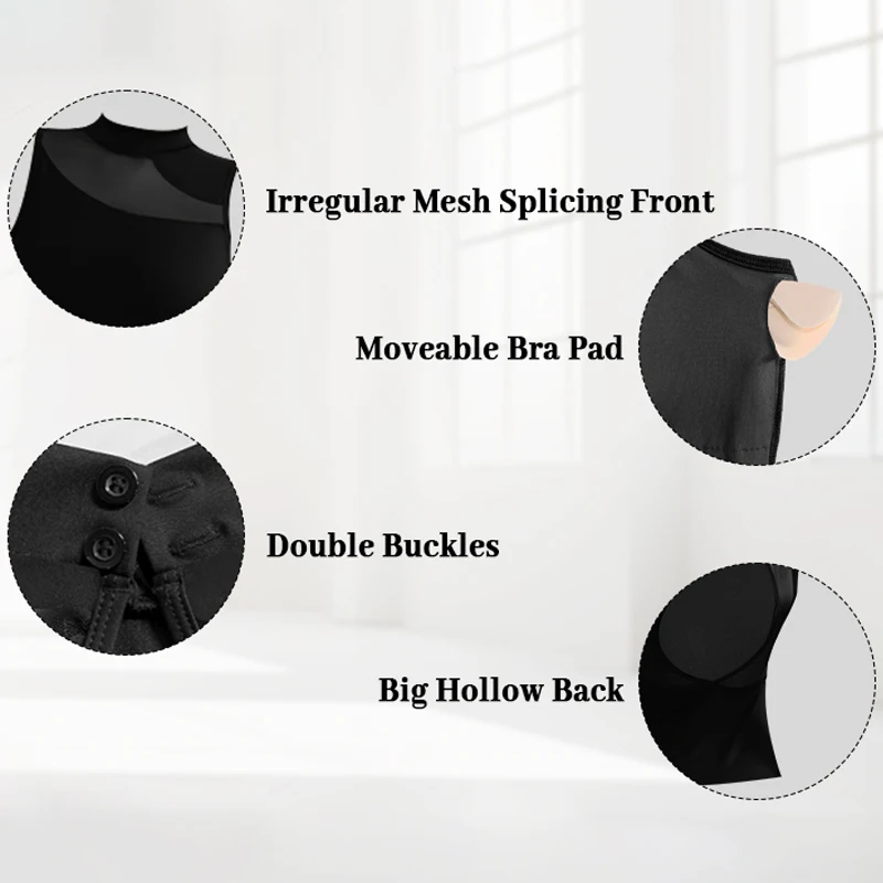 女性用バレエダンスレオタード 大人用モックネック ノースリーブ体操ダンスタンクトップ レオタード メッシュスプライシング ダンスパフォーマンス用