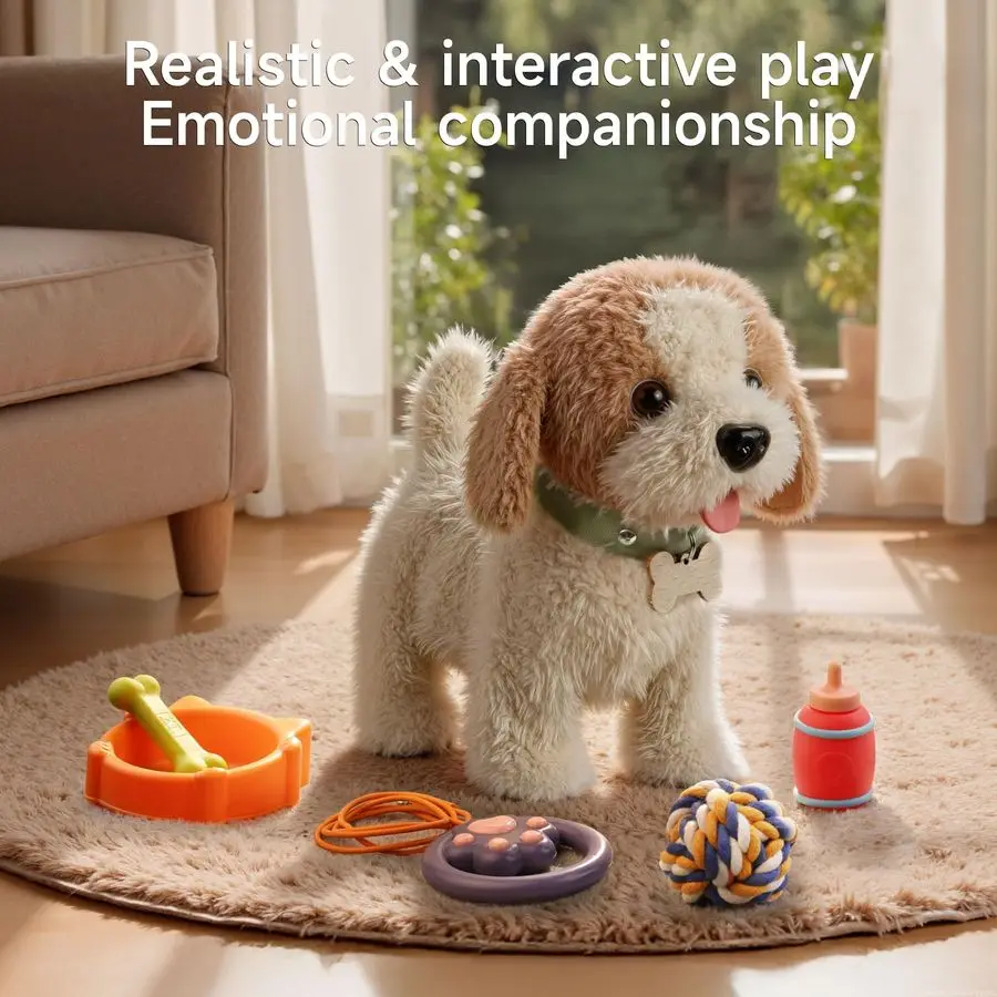 ของเล่นสุนัขเดินได้ ส่งเสียงเห่า พร้อมรีโมทคอนโทรล สายจูง ตุ๊กตาสุนัขขนนุ่ม ของเล่นอิเล็กทรอนิกส์แบบโต้ตอบสำหรับเด็ก กระดิกหางได้ แกล้งเล่นเป็นหมอ