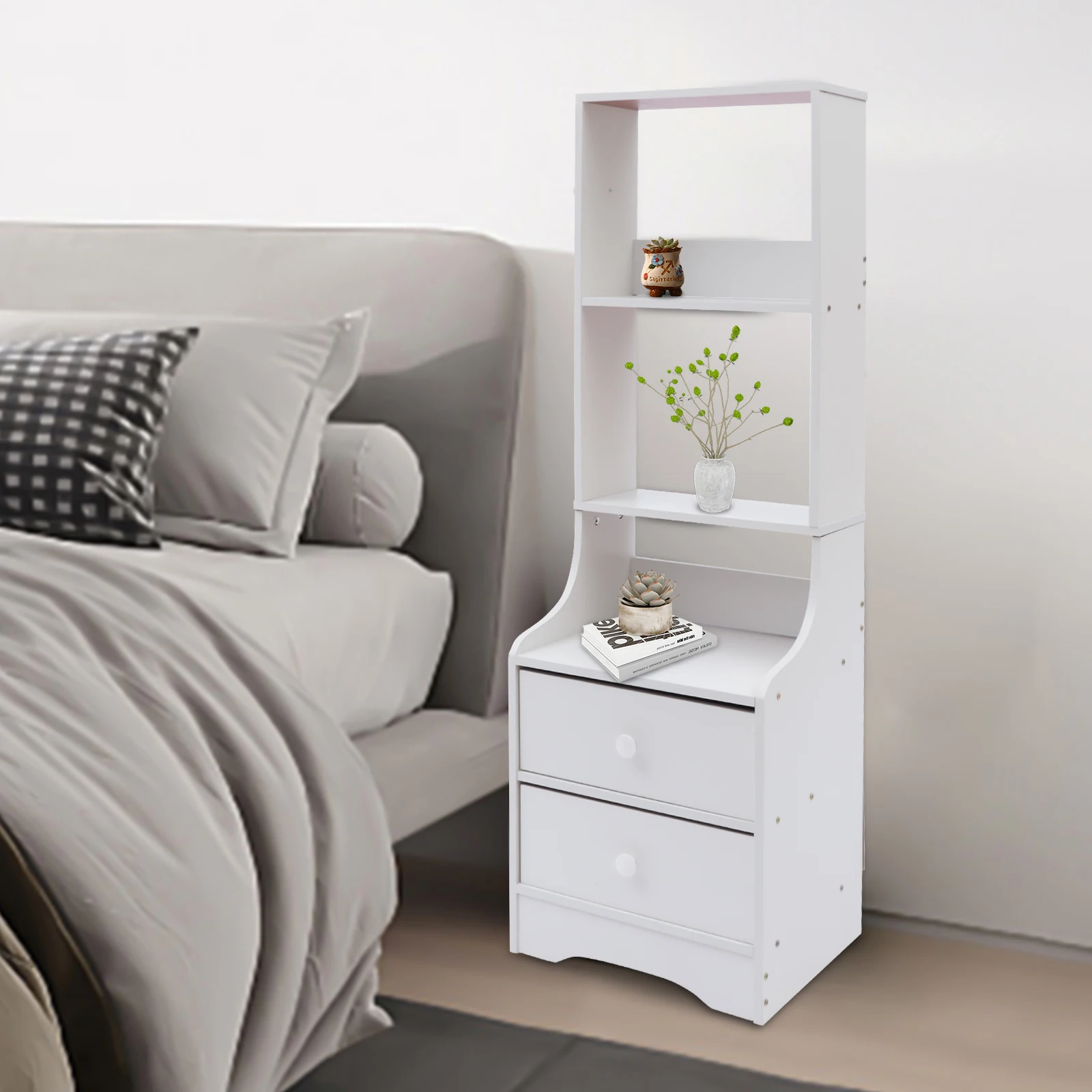 

Современная тумбочка с 2 ящиками, 3-уровневая прикроватная тумбочка для спальни — прочный белый торцевой столик с полкой для хранения, небольшая прикроватная тумбочка