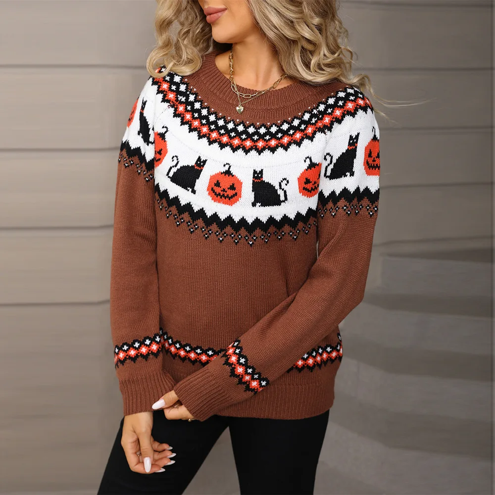 2026 Winter Women's Knitted Christmas Sweater Halloween Personality Top Women