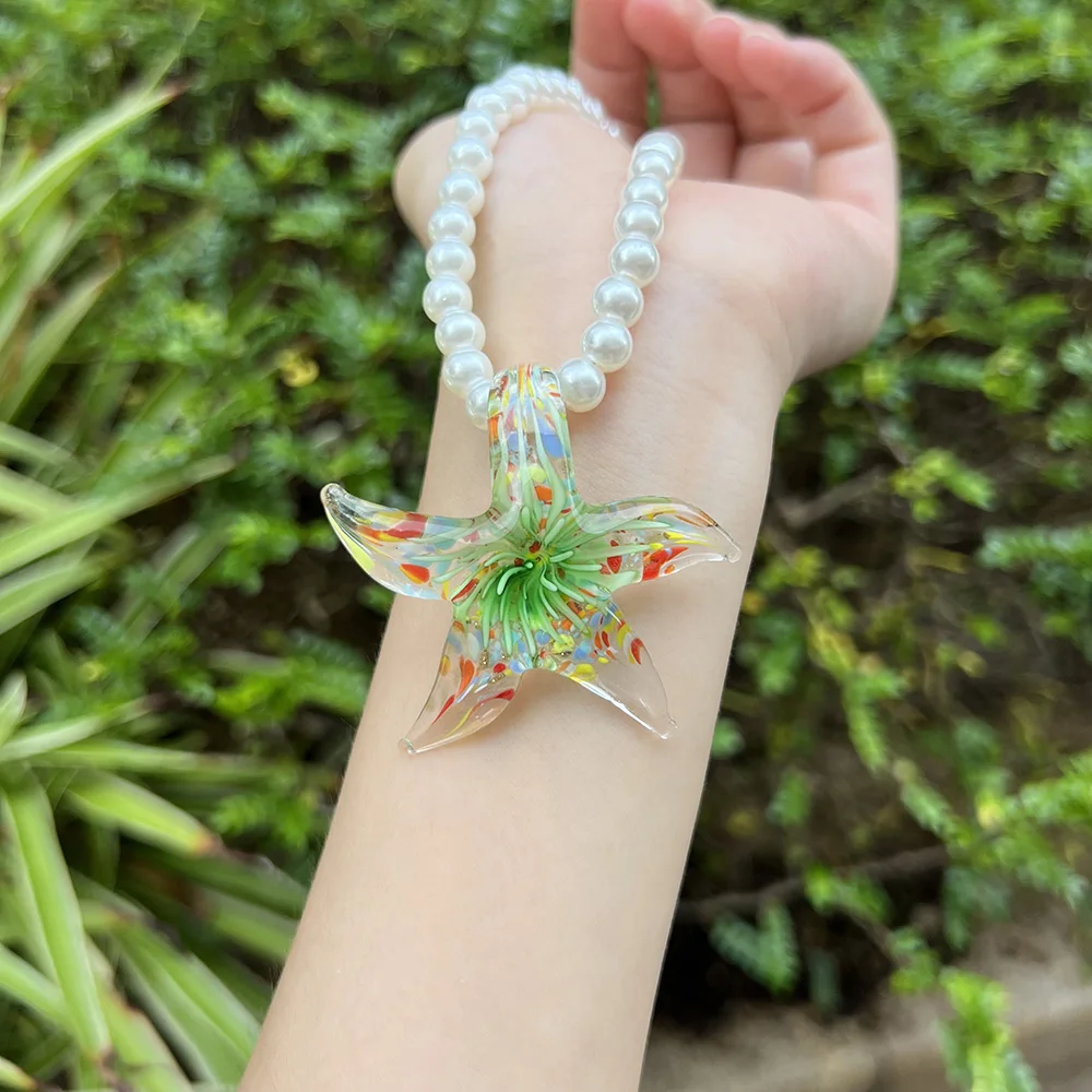 1pcs Fashionable Starfish Flower Imitation Pearl Necklace Glass Pendant Seaside Vacation Unique Clothes Matching Jewelry