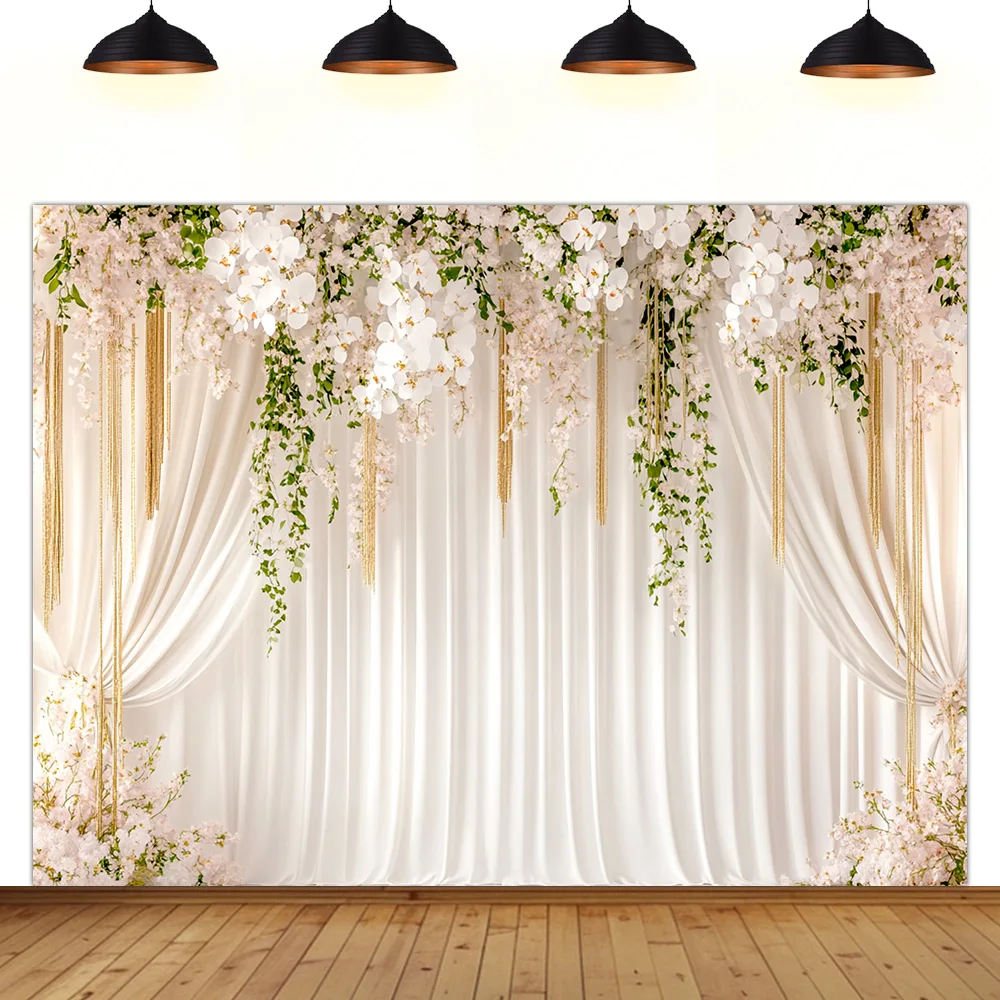

wedding theme background engaged photo bride groom party flower golden white Solid color Photography booth backdrop decoration
