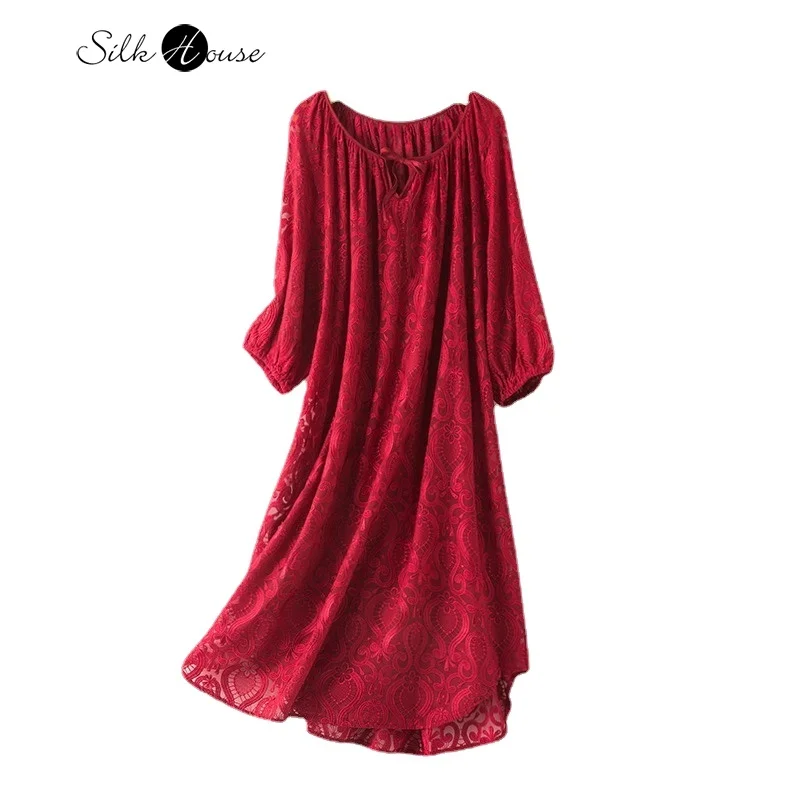 

Heavy Industry Embroidery Natural Mulberry Silk Georgette Mid Length Loose Luxury Wine Red Three-quarter Sleeve Fashion Dress