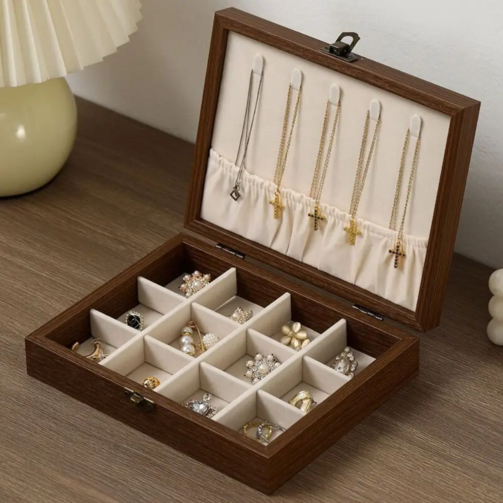 Walnut Wood Jewelry Organizer Box Hinged Lid Metal Latch Hanging Panel Dust-Proof Velvet Interior Glass Lid Velvet Lined