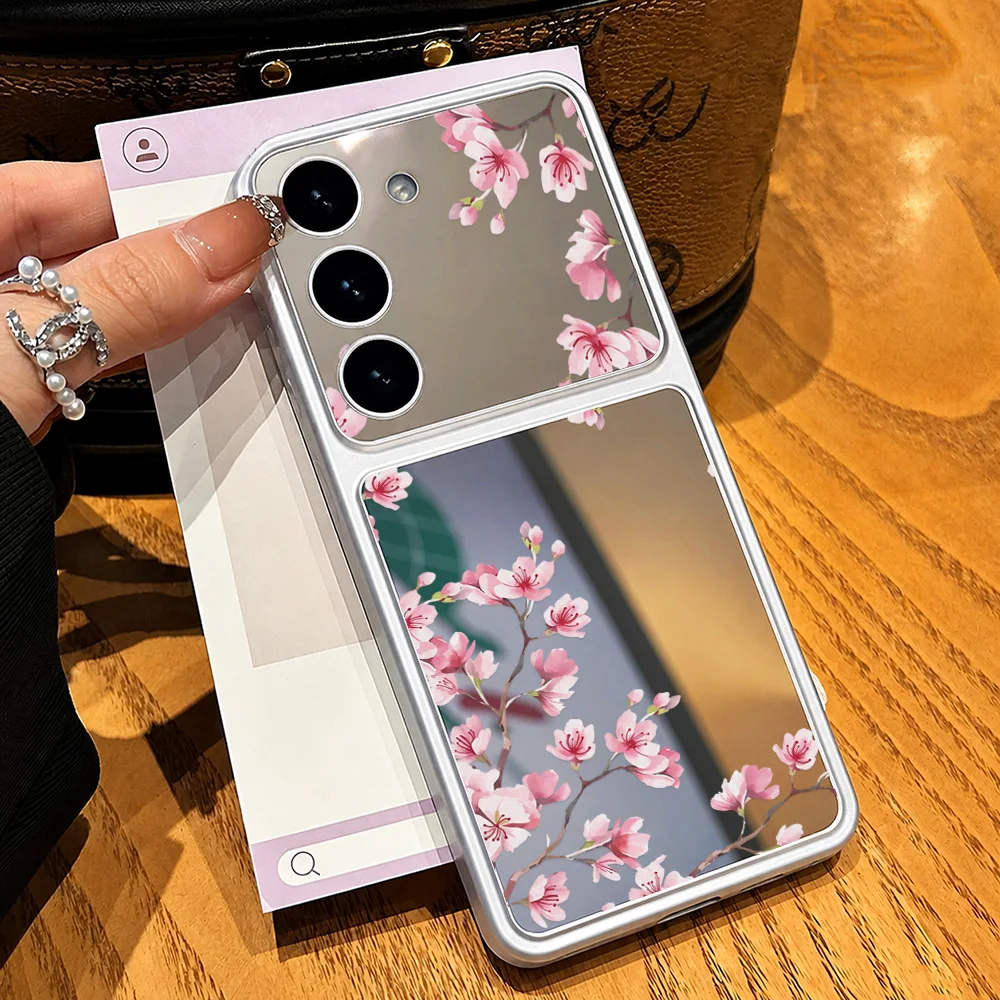 Pink Cherry Blossom Flowers Make up Mirror Phone Case For Samsung S26 Ultra S23 S24 S25 FE A57 A56 5G A55 A54 A37 A17 Case Cover