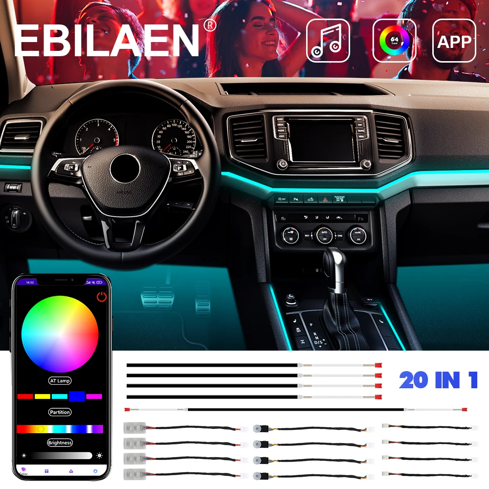 

Led Ambient RGB Light Strip Interior Fiber Optic Dual Zone 64 Colors Light Universal Car Decoration Atmosphere Lamp App Control