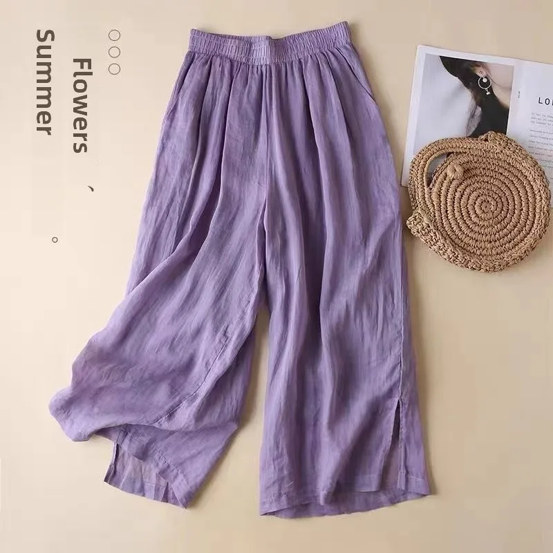 

Широкие брюки, женские летние тонкие свободные прямые льняные длинные брюки с высокой талией, повседневные брюки, художественные брюки для поездок на работу